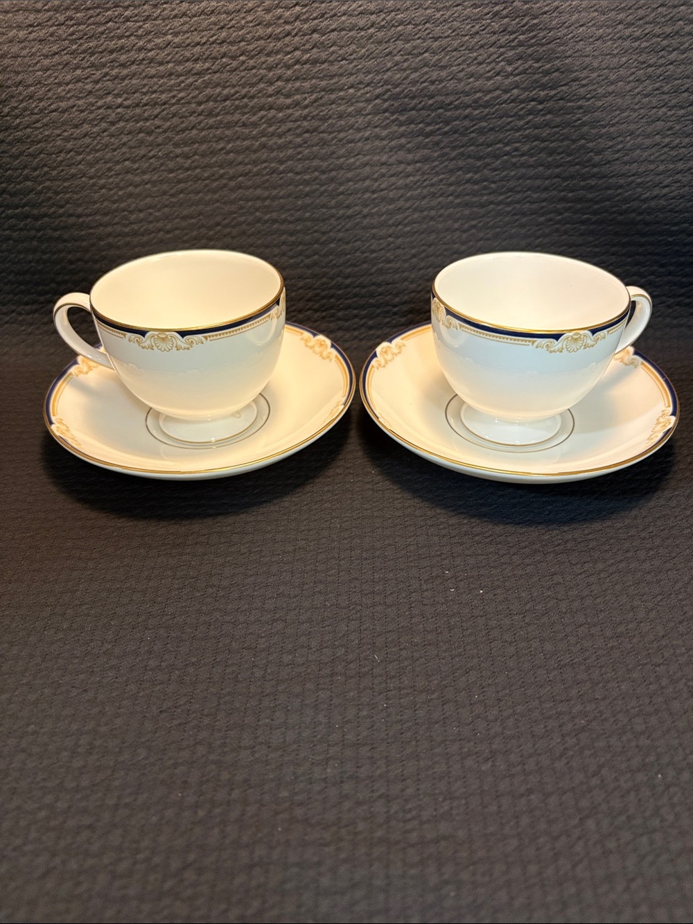 Cavendish by Wedgwood China. Teacups & Saucers.  Gold and Navy Trim - Set of 2